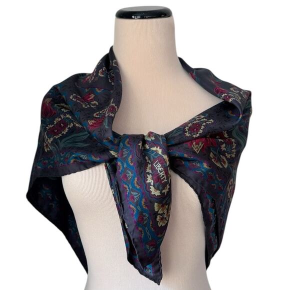 Vintage Liberty London Silk Scarf Gray Plum Blue Florals Hand Rolled Edges Italy - Picture 4 of 8